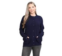 STAR FASHION Womens Aran Cable Knitted 7 Button Cardigan Ladies Loose and Stretchy Long Sleeve 2 Pocket Round Neck Sweater Cadigan Navy-16-18