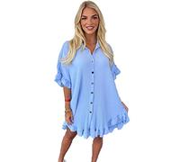 STAR FASHION Womens Button Pleated Short Sleeve Mini Collared Dress with Frill Hem Open Stretchy Beach Outwear for Casual Walks Loose Fit Oversized Baggy Swing Smock Summer Dresses Sky Blue 20-22