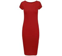 STAR FASHION Womens Cap Sleeve Bodycon Midi Dress Ladies Wiggle Pencil Round Neck Long Stretch Maxi Dress Plus Size Casual Party Wear Red