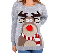 Star Fashion Womens Christmas Jumpers Knitted Sweaters Xmas Festive Novelty Print for a Cozy Celebration JoyfulFest Party Ladies Crew Neck Long Sleeve Rudolph Pom-Pom-Grey 20-22