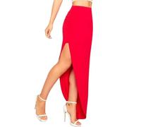 STAR FASHION Women's Full Length Side Split Slit Maxi Skirt Ladies Plain Basic Lined Ruched Red 12-14