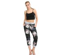 STAR FASHION Women's Italian Elastic Waist Active Yoga Floral Printed Jogging Pants Turn Up Ladies Casual Jogger Hoop Trouser | Big Flower Black | 12-14