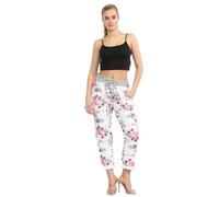 STAR FASHION Women's Italian Elastic Waist Active Yoga Floral Printed Jogging Pants Turn Up Ladies Casual Jogger Hoop Trouser | Cerise Floral | 16-18
