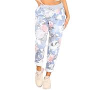 STAR FASHION Women's Italian Elastic Waist Active Yoga Floral Printed Jogging Pants Turn Up Ladies Casual Jogger Hoop Trouser 8-22