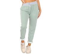 STAR FASHION Women's Italian Elastic Waist Active Yoga Floral Printed Plain Jogging Pants Turn Up Ladies Casual Jogger Hoop Trouser | Thin Stripe Green | 12-14