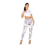 STAR FASHION Women's Italian Elastic Waist Active Yoga Floral Printed Plain Jogging Pants Turn Up Ladies Casual Jogger Hoop Trouser | Lily Print Purple | 16-18
