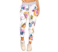 STAR FASHION Women's Italian Elastic Waist Active Yoga Floral Printed Plain Jogging Pants Turn Up Ladies Casual Jogger Hoop Trouser | Abstract Paint White | 16-18