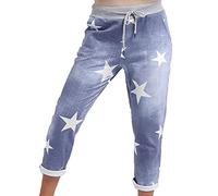 STAR FASHION Women's Italian Elastic Waist Active Yoga Floral Printed Plain Jogging Pants Turn Up Ladies Casual Jogger Hoop Trouser | Light Denim Blue Star | 16-18