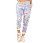 STAR FASHION Women's Italian Elastic Waist Active Yoga Floral Printed Plain Jogging Pants Turn Up Ladies Casual Jogger Hoop Trouser | Palm Tree Sky Blue | 16-18