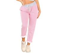 STAR FASHION Women's Italian Elastic Waist Active Yoga Floral Printed Plain Jogging Pants Turn Up Ladies Casual Jogger Hoop Trouser | Thin Stripe Pink | 8-10
