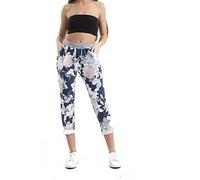 STAR FASHION Women's Italian Elastic Waist Active Yoga Floral Printed Plain Jogging Pants Turn Up Ladies Casual Jogger Hoop Trouser Blue Flower 12-14