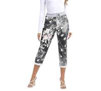 STAR FASHION Women's Italian Elastic Waist Active Yoga Floral Printed Plain Jogging Pants Turn Up Ladies Casual Jogger Hoop Trouser Black Floral Print 12-14