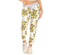 STAR FASHION Women's Italian Elastic Waist Active Yoga Floral Printed Plain Jogging Pants Turn Up Ladies Casual Jogger Hoop Trouser | Sun Flower White | 20-22