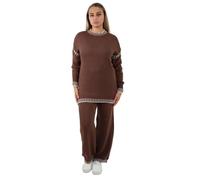 STAR FASHION Women's Italian Patch Work Knitted Co-Ord Set Loungewear Tracksuit Ladies Long Sleeve Pullover Top Bottom 2 Piece Set Soft Knit 8-16 Brown