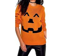 STAR FASHION New Womens Knitted Long Sleeve Halloween Winking Pumpkin Print Jumper Top Unisex Themed Party Sweater UK Size 8 to 22 Orange