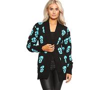 STAR FASHION Womens Knitted Skull Cardigan Halloween Festive Open Front Design Ladies Long Sleeve Ribbed Trim Edge Sweater Cardigan Top UK Size 8 to 22 Turquoise