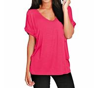 STAR FASHION Womens Ladies Baggy Batwing Sleeve T-Shirt Oversized Loose Fit V Neck Turn Up Top | Cerise | 16-18