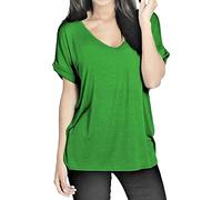 STAR FASHION Womens Ladies Baggy Batwing Sleeve T-Shirt Oversized Loose Fit V Neck Turn Up Top | Jade Green | 12-14
