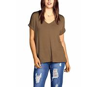 STAR FASHION Womens Ladies Baggy Batwing Sleeve T-Shirt Oversized Loose Fit V Neck Turn Up Top | Mocha | 24-26