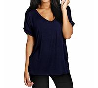 STAR FASHION Womens Ladies Baggy Batwing Sleeve T-Shirt Oversized Loose Fit V Neck Turn Up Top | Navy | 8-10