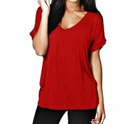 STAR FASHION Womens Ladies Baggy Batwing Sleeve T-Shirt Oversized Loose Fit V Neck Turn Up Top | Red | 8-10
