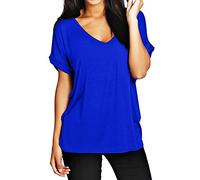 STAR FASHION Womens Ladies Baggy Batwing Sleeve T-Shirt Oversized Loose Fit V Neck Turn Up Top | Royal Blue | 24-26