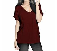 STAR FASHION Womens Ladies Baggy Batwing Sleeve T-Shirt Oversized Loose Fit V Neck Turn Up Top | Wine | 20-22