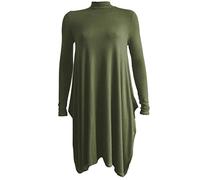 STAR FASHION Womens Ladies Polo Neck Hanky Hem Swing Dress Long Sleeve Flared Skater Turtle Roll Neck Oversize Lagenlook Baggy Loose Top Dresses | UK-8-26 Khaki
