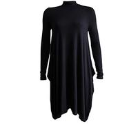 STAR FASHION Womens Ladies Polo Neck Hanky Hem Swing Dress Long Sleeve Flared Skater Turtle Roll Neck Oversize Lagenlook Baggy Loose Top Dresses | UK-8-26 Black