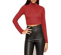 STAR FASHION Women's Long Sleeve Knitted Polo Neck Crop Top Ladies High Roll Neck Jumpers Sweatshirts Size | UK 8-14 | Wine