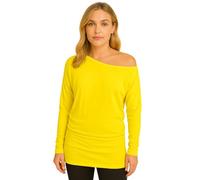 STAR FASHION Women's Off Shoulder Batwing Top Plus Size Long Sleeve Loose Fit Pullover Jumper Ladies Plain Baggy Shirt with Boat Neckline Yellow-24-26
