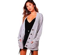 STAR FASHION Women's Open Front Five Button Grandad Cardigans Chunky Cable Knitted Long Sleeve Winter Tops Sweaters Jumpers Size | UK 8-26 | Silver Grey