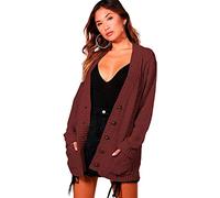 STAR FASHION Women's Open Front Five Button Grandad Cardigans Chunky Cable Knitted Long Sleeve Winter Tops Sweaters Jumpers Size | UK 8-26 | Wine