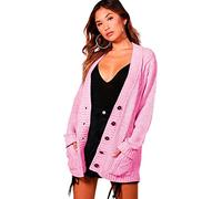 STAR FASHION Women's Open Front Five Button Grandad Cardigans Chunky Cable Knitted Long Sleeve Winter Tops Sweaters Jumpers Size | UK 8-26 | Baby Pink