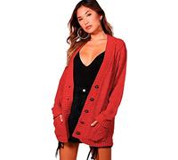 STAR FASHION Women's Open Front Five Button Grandad Cardigans Chunky Cable Knitted Long Sleeve Winter Tops Sweaters Jumpers Size | UK 8-26 | Red