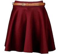 STAR FASHION Womens Plain/Check Tartan Print Belted Skirt Elasticated Waist Skirts Ladies Stretch Flippy Short Flared Mini Skater Size UK 8-26 Wine