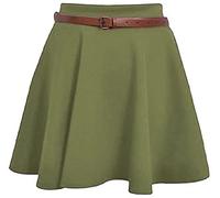 STAR FASHION Womens Plain/Check Tartan Print Belted Skirt Elasticated Waist Skirts Ladies Stretch Flippy Short Flared Mini Skater Size UK 8-26 Khaki