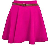 STAR FASHION Womens Plain/Check Tartan Print Belted Skirt Elasticated Waist Skirts Ladies Stretch Flippy Short Flared Mini Skater Size UK 8-26 Fuchsia
