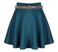 STAR FASHION Womens Plain/Check Tartan Print Belted Skirt Elasticated Waist Skirts Ladies Stretch Flippy Short Flared Mini Skater Size UK 8-26 Teal