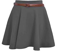 STAR FASHION Womens Plain/Check Tartan Print Belted Skirt Elasticated Waist Skirts Ladies Stretch Flippy Short Flared Mini Skater Size UK 8-26 Charcoal