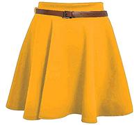 STAR FASHION Womens Plain/Check Tartan Print Belted Skirt Elasticated Waist Skirts Ladies Stretch Flippy Short Flared Mini Skater Size UK 8-26 Mustard