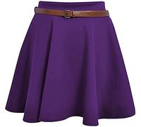 STAR FASHION Womens Plain/Check Tartan Print Belted Skirt Elasticated Waist Skirts Ladies Stretch Flippy Short Flared Mini Skater Size UK 8-26 Purple