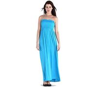 STAR FASHION Womens Plain Shirred Bandeau Long Maxi Dress Ladies Strapless Dress Sleevless Ruched Long Boob Tube Summer Casual Wear - Sizes 8-24 Turquoise