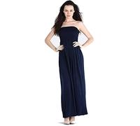 STAR FASHION Womens Plain Shirred Bandeau Long Maxi Dress Ladies Strapless Dress Sleevless Ruched Long Boob Tube Summer Casual Wear - Sizes 8-24 Navy Blue