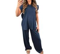 STAR FASHION Womens Popcorn Tops and Trousers Set Ladies Textured Cheesecloth Co-Ord 2Pcs Lounge Tracksuit with Flared Bottoms Frill Sleeve Top Navy-8-14
