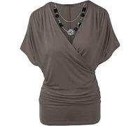 STAR FASHION Womens Rap Over Necklace Batwing Top Ladies Stretchy Plain V Neck Wrap Over Loose Fit Vest Mocha 16-18