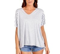 STAR FASHION Women's Short Sleeve V Neck Striped T-Shirt Basic Top Ladies Half Sleeves Casual Summer Wear Slim Fit T-Shirts Tee Tops One Size UK 12-16 Grey