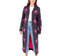 STAR FASHION Women's Star Print Open Front Edge to Edge Knitted Long Cardigans Coat Ladies Warm Sweaters Casual Pockets UK Size 10-16 Grey/Pink