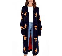 STAR FASHION Women's Star Print Open Front Edge to Edge Knitted Long Cardigans Coat Ladies Warm Sweaters Casual Pockets UK Size 10-16 Navy/Orange