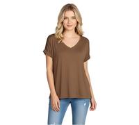 STAR FASHION Womens V Neck Oversized T Shirt Ladies Baggy Oversized T-Shirt Loose Fit Summer Top with Turn Up Short Sleeves Mocha 16-18